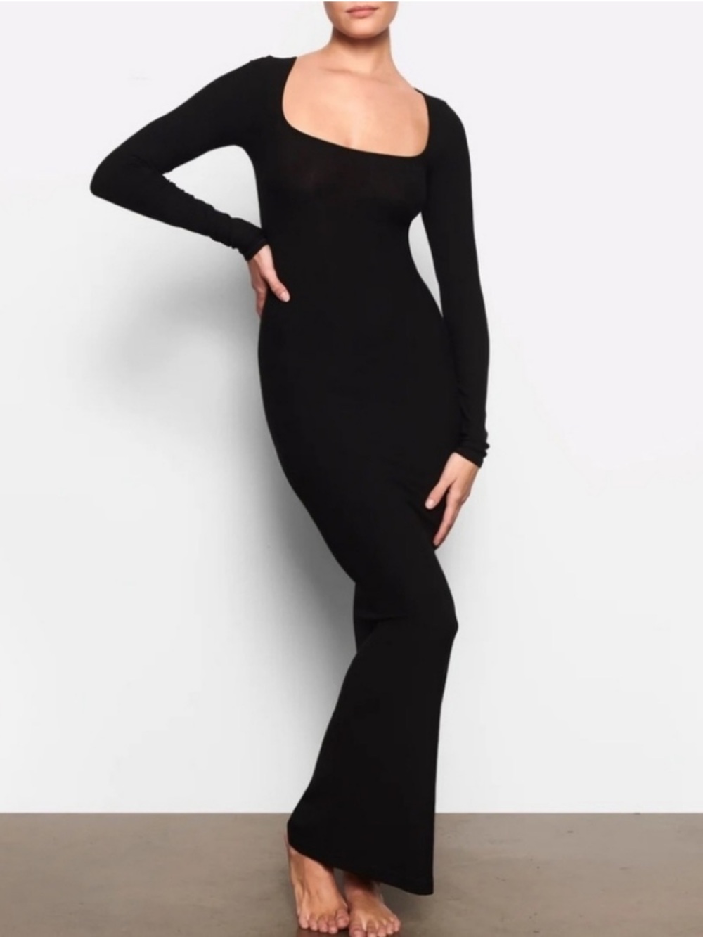 SKIMS Black Long Sleeve Scoop-Neck Maxi Dress
